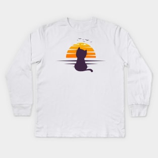 Cat Watching Sunset Kids Long Sleeve T-Shirt